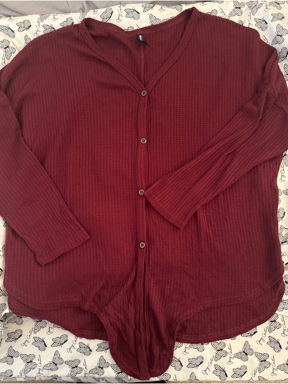 Waffle Knit Button-Front Long Sleeve Top - Burgundy